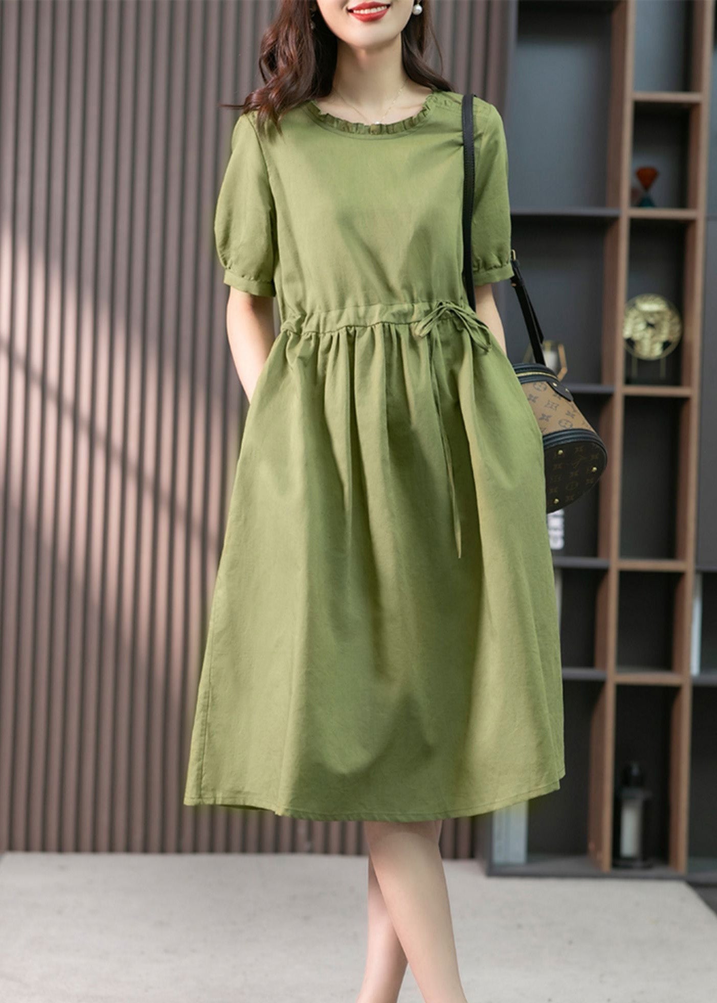 Italian Green Ruffled Linen Long Dresses Summer Ly1751