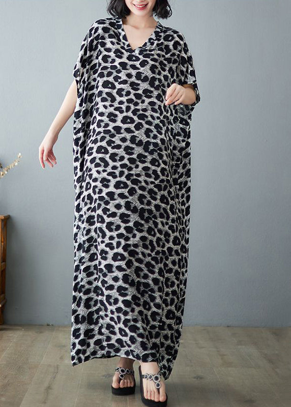 Italian Grey Leopard Print Oversized Linen Maxi Dress Summer Ly0893