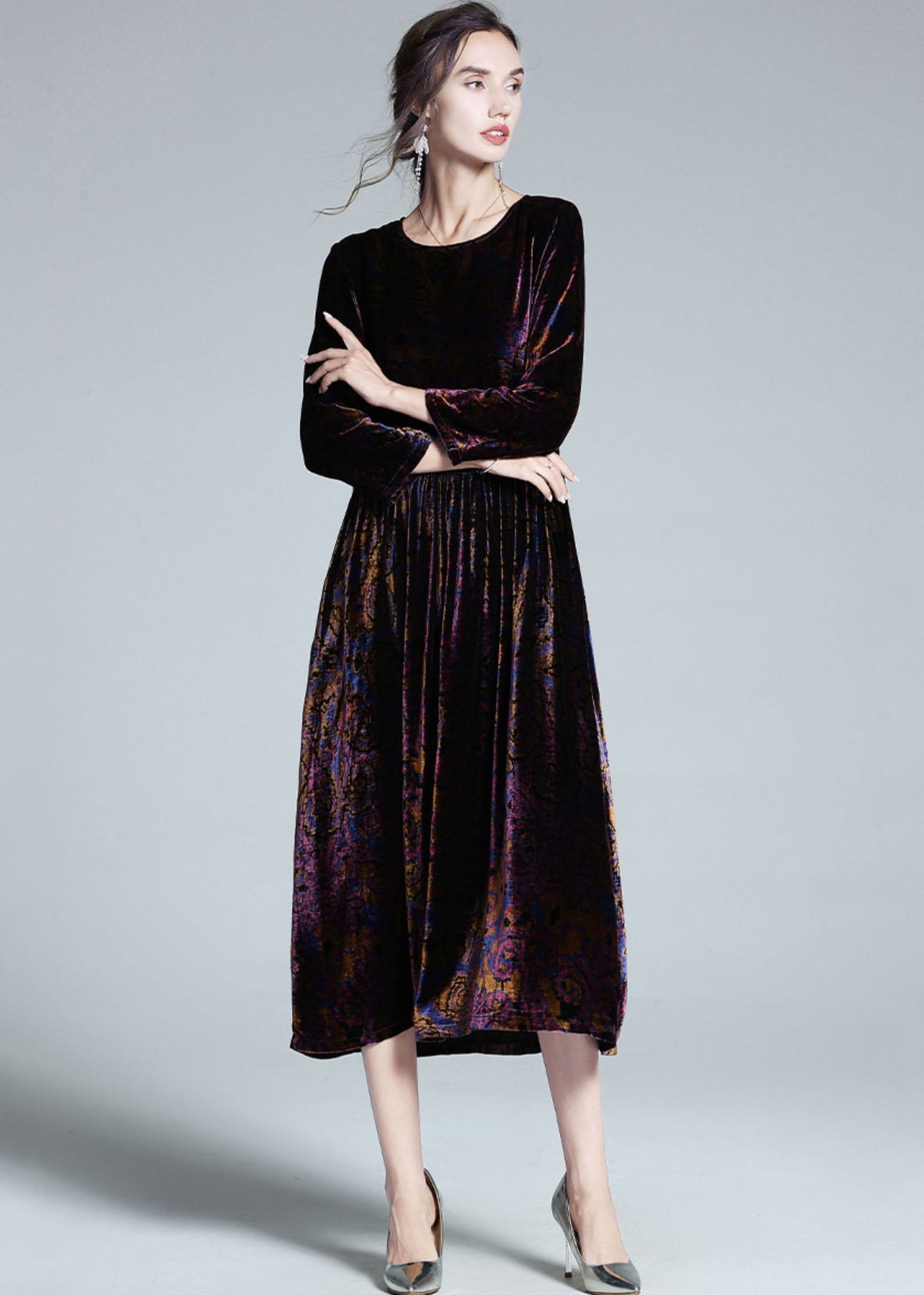 Italian Multi O Neck Patchwork Wrinkled Velour Long Dress Spring Ly1062