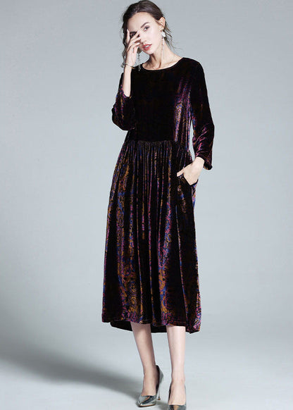 Italian Multi O Neck Patchwork Wrinkled Velour Long Dress Spring Ly1062