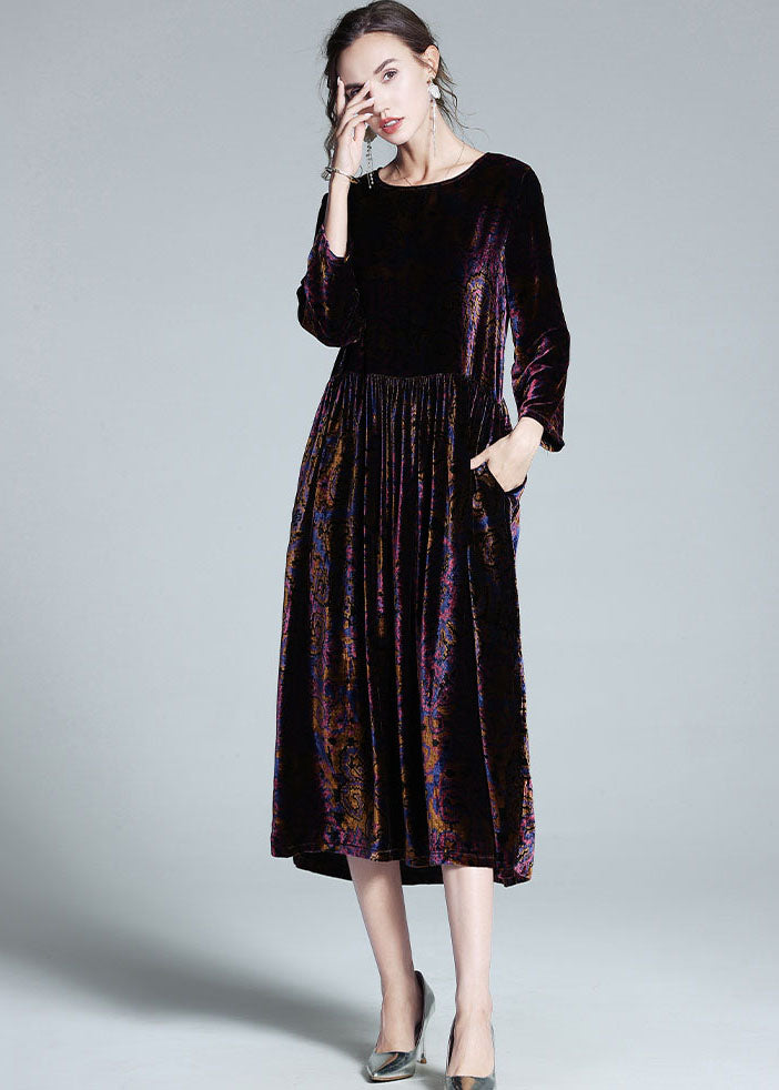 Italian Multi O Neck Patchwork Wrinkled Velour Long Dress Spring Ly1062