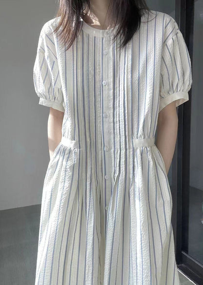 Italian O-neck Striped Cinched Patchwork Party Long Dress Short Sleeve Vb1048
