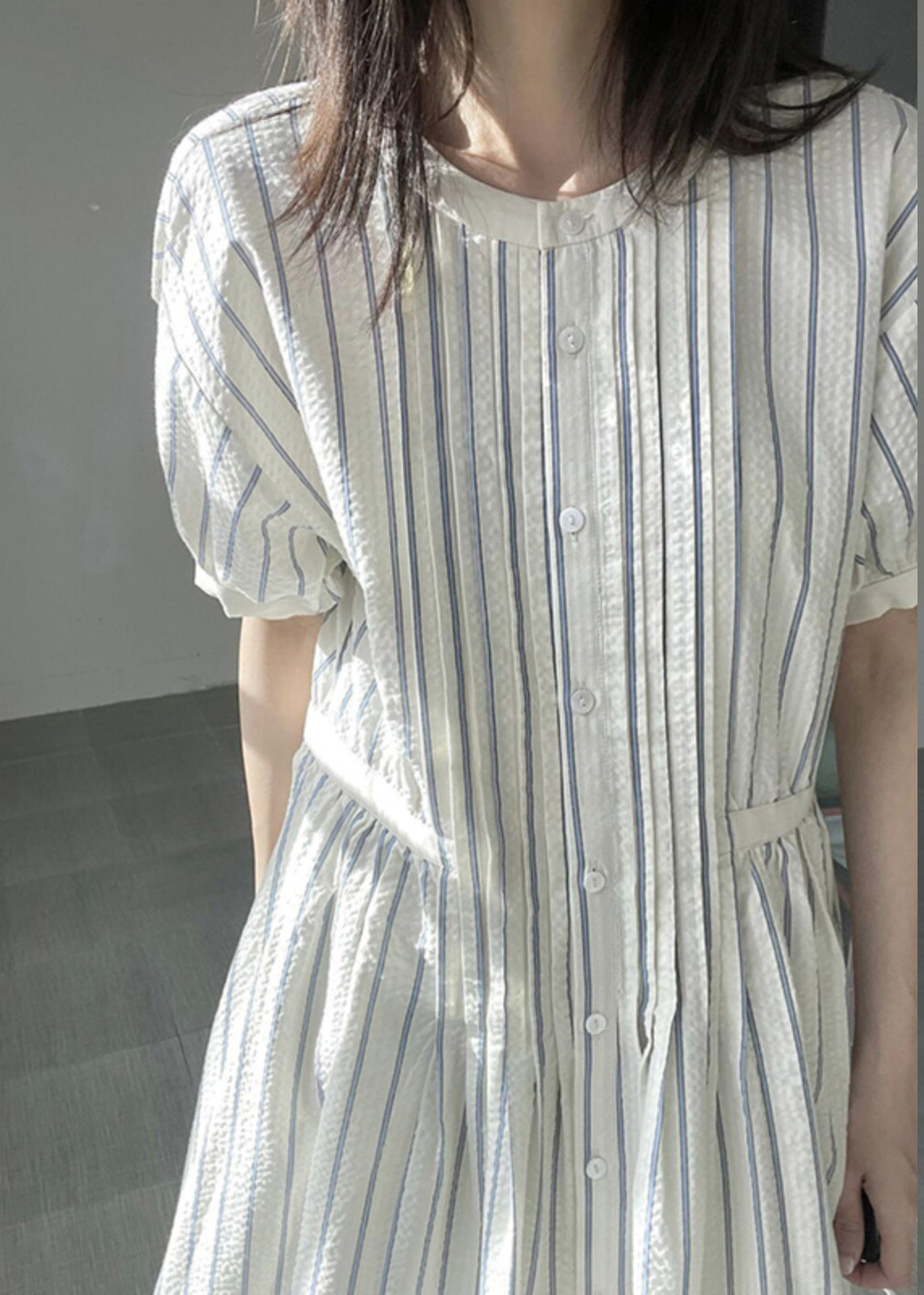Italian O-neck Striped Cinched Patchwork Party Long Dress Short Sleeve Vb1048