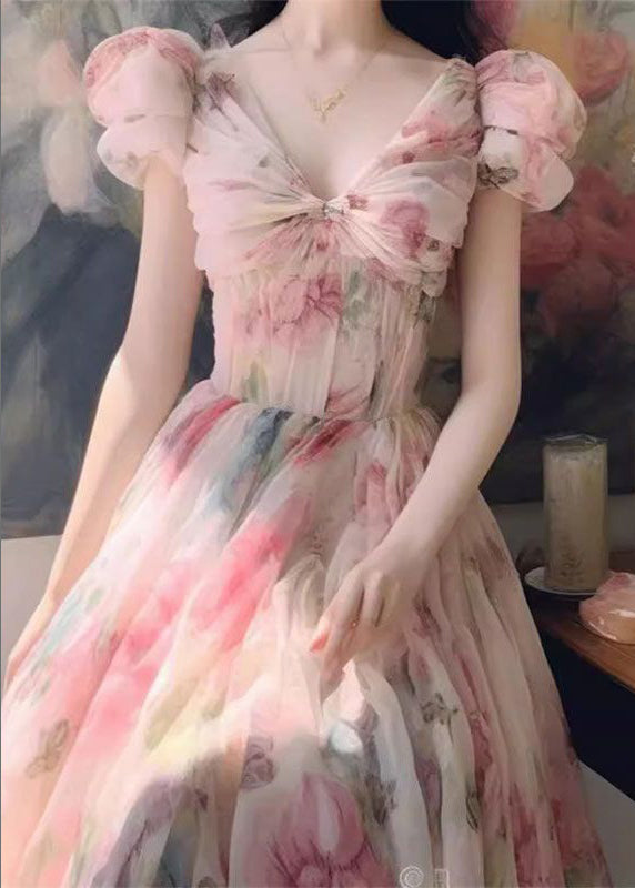 Italian Pink V Neck Print Chiffon Long Dresses Summer Xx069