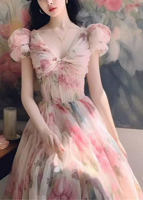 Italian Pink V Neck Print Chiffon Long Dresses Summer Xx069
