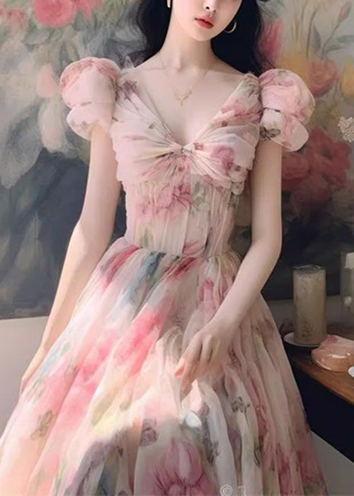 Italian Pink V Neck Print Chiffon Long Dresses Summer Xx069