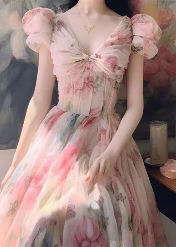 Italian Pink V Neck Print Chiffon Long Dresses Summer Xx069