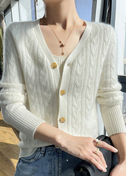 Italian Pink V Neck Cable Wool Knit Cardigans Fall Qp015
