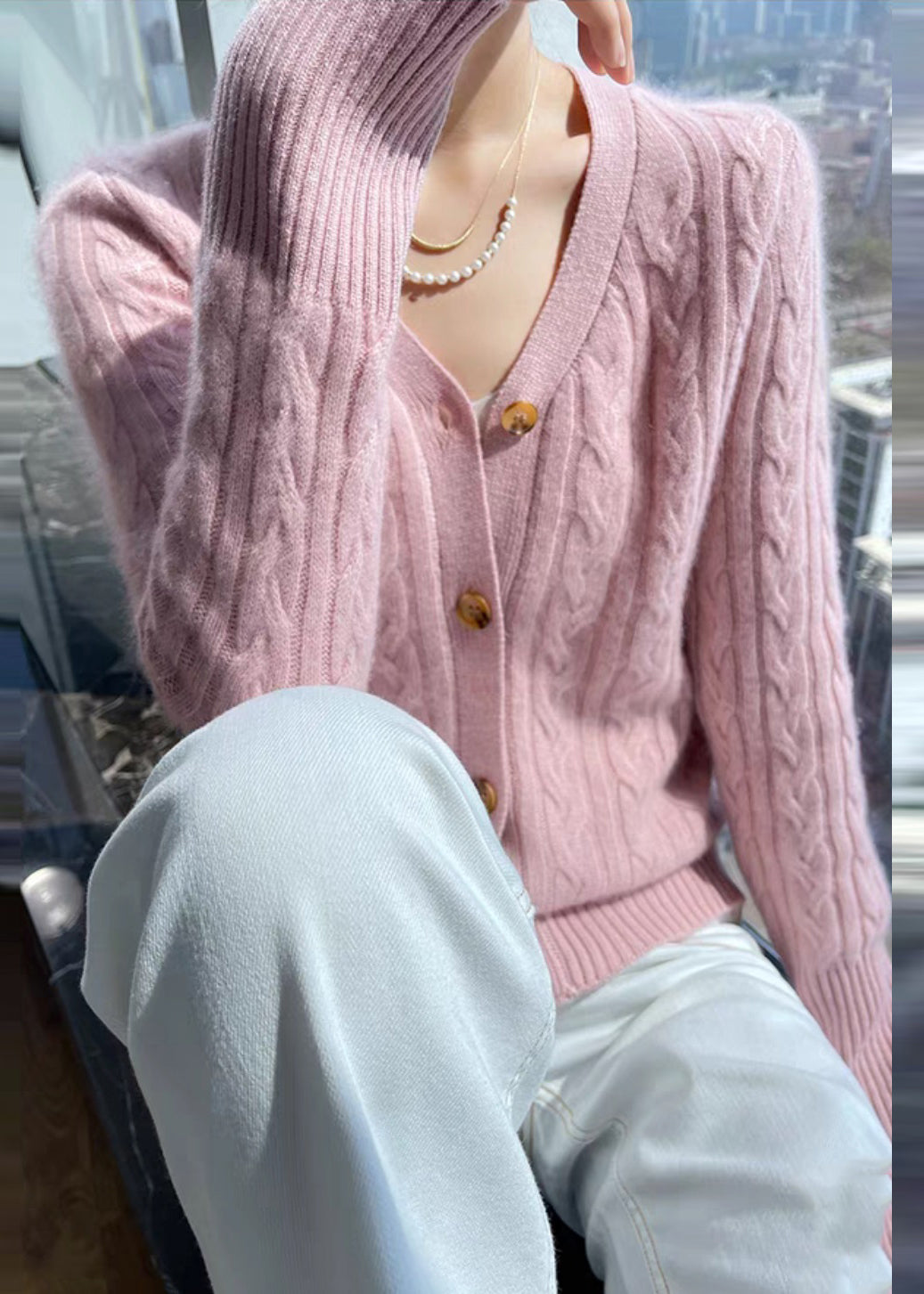 Italian Pink V Neck Cable Wool Knit Cardigans Fall Qp015