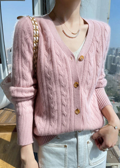 Italian Pink V Neck Cable Wool Knit Cardigans Fall Qp015