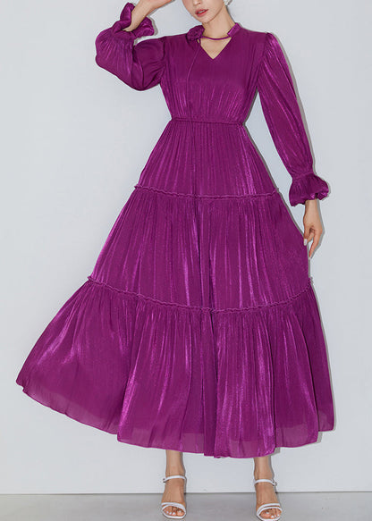 Italian Purple Ruffled Elastic Waist Silk Long Dresses Butterfly Sleeve Am1005