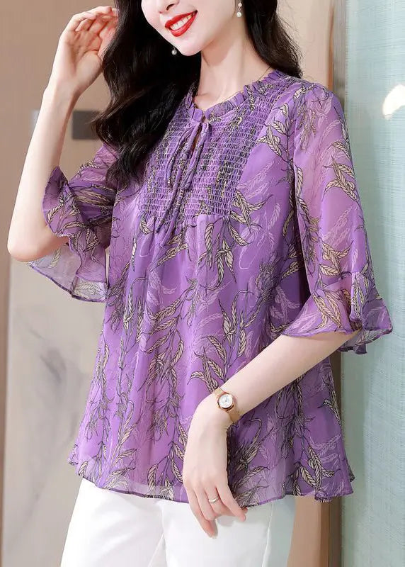 Italian Purple Ruffled Print Chiffon Blouses Summer Ha1055