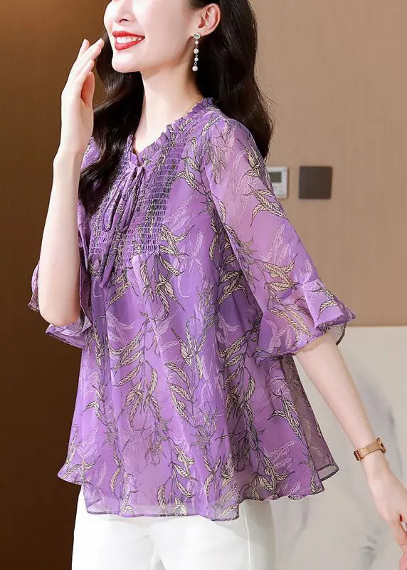 Italian Purple Ruffled Print Chiffon Blouses Summer Ha1055