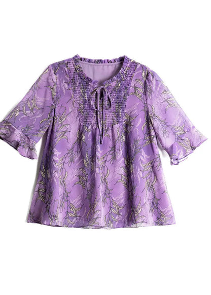 Italian Purple Ruffled Print Chiffon Blouses Summer Ha1055