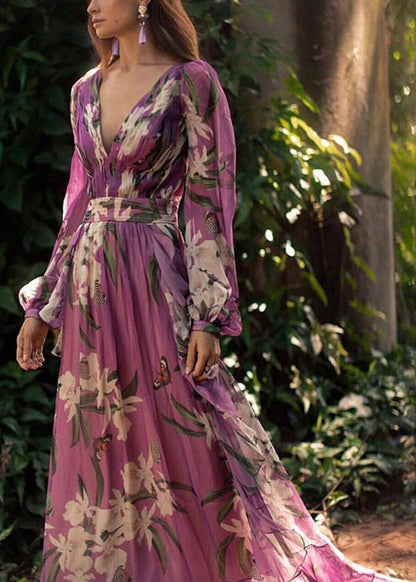 Italian Purple V Neck Print Chiffon Maxi Dresses Long Sleeve Ww1047