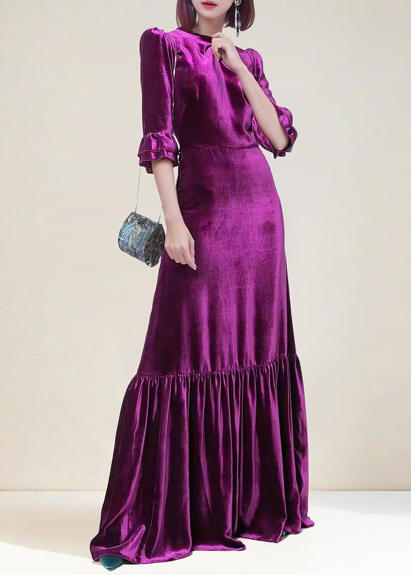 Italian Purple Zippered Wrinkled Velour Long Dress Butterfly Sleeve Am1036