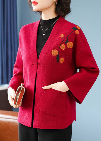 Italian Red V Neck Pockets Cotton Knit Cardigans Bracelet Sleeve Ta021