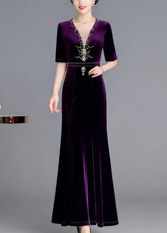 Zircon Silk Velour Long Dresses Fall