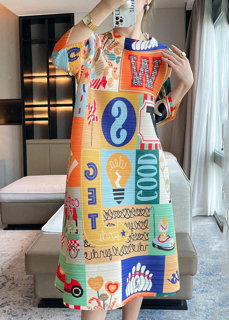 Italian Yellow O-neck Print Maxi Dresses Bracelet Sleeve Gh1051