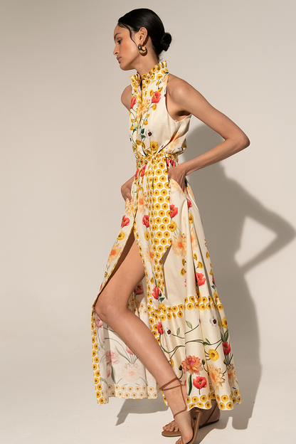 High Collar Sleeveless Buttoned Lace Up Midi Dress