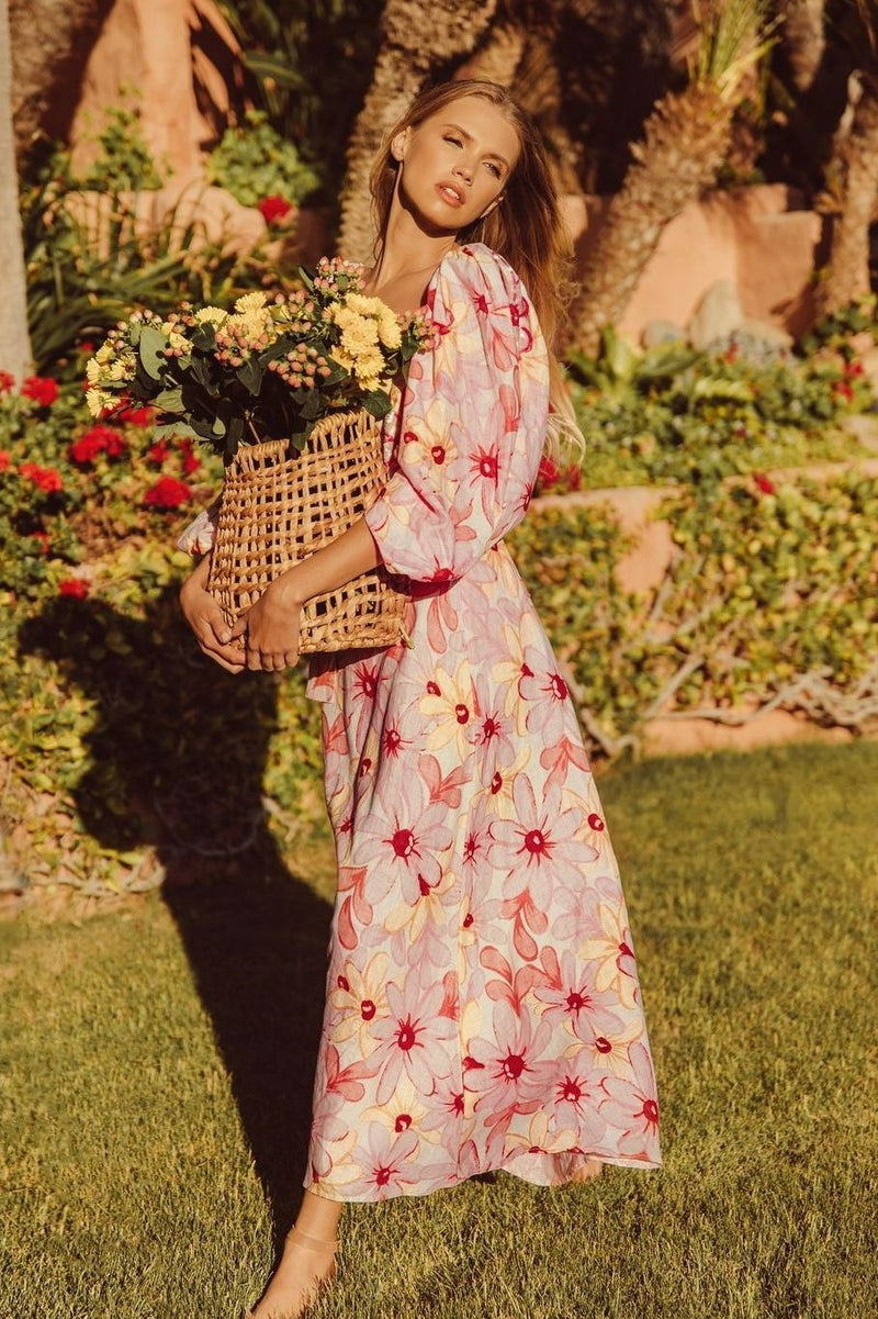 Puff Sleeve Square Collar Backless Maxi Dress