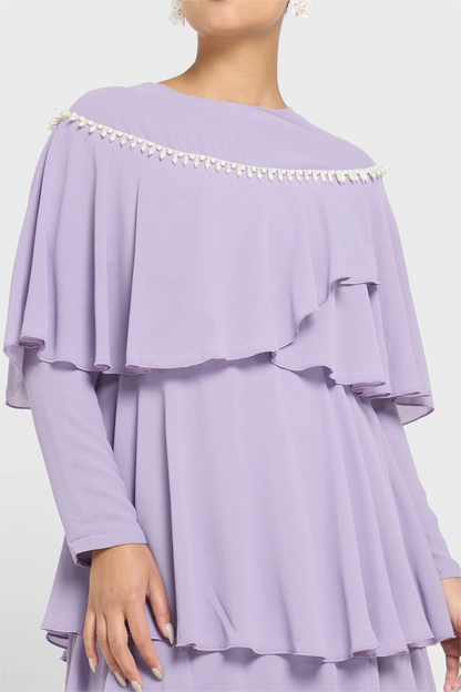 Long Sleeve Crew Collar Ruffle Hem Layered Maxi Dress Purple