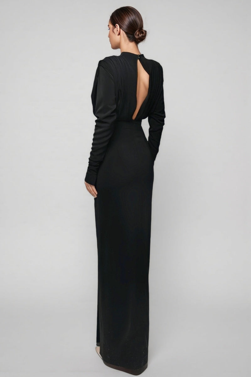 Irene High Neck Slit Maxi Dress-black