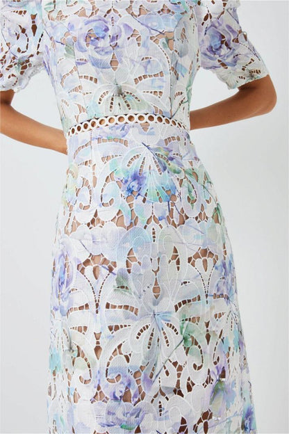 Lace Puff Sleeve Stand Collar Midi Dress