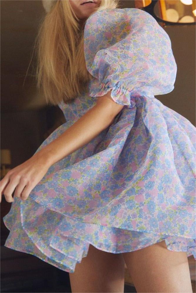 Square Collar Puff Sleeve Mini Dress