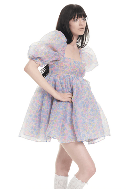 Square Collar Puff Sleeve Mini Dress