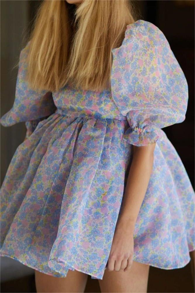 Square Collar Puff Sleeve Mini Dress