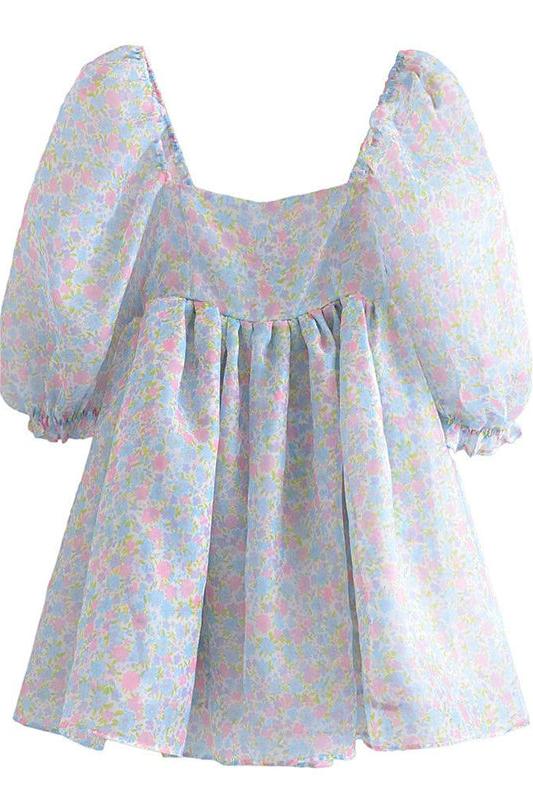Square Collar Puff Sleeve Mini Dress