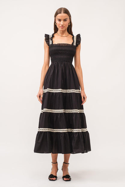 Lace Smocking Frill Sleeveless Midi Dress