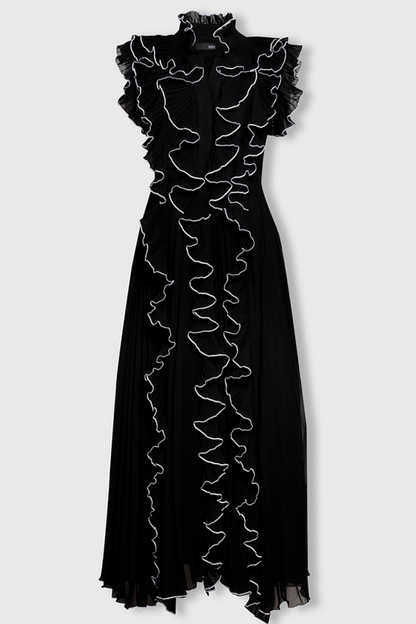 V-neck Frill Sleeveless Midi Dress