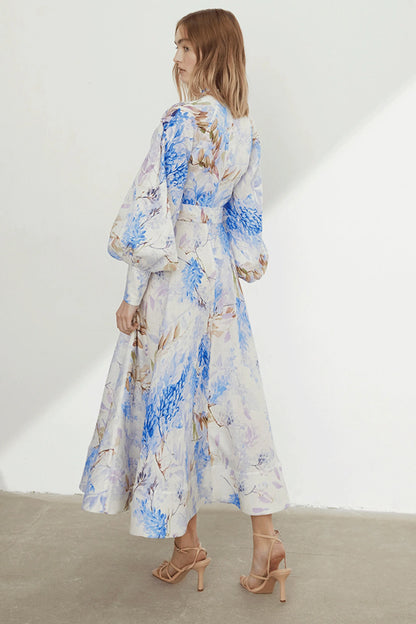 Button Lantern Sleeve Midi Dress
