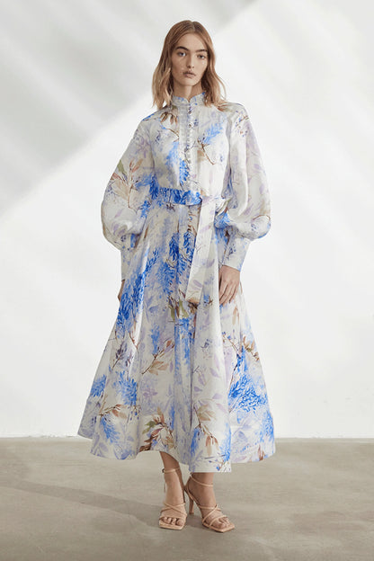 Button Lantern Sleeve Midi Dress