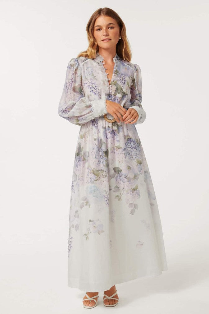 Lace Button Long Sleeve Maxi Dress With Belt