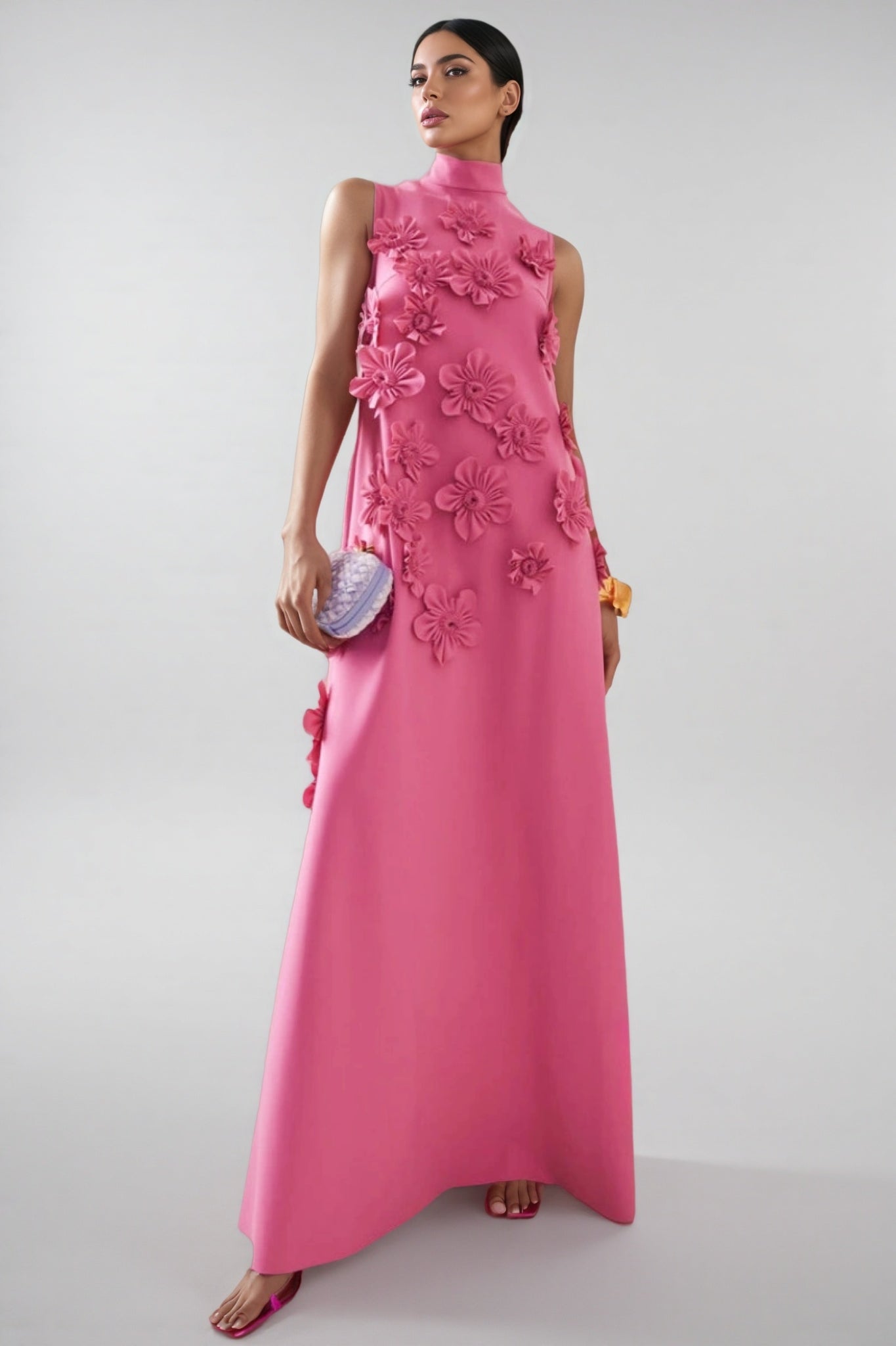 Eliza 3d High Neck Sleeveless Maxi Dress-pink