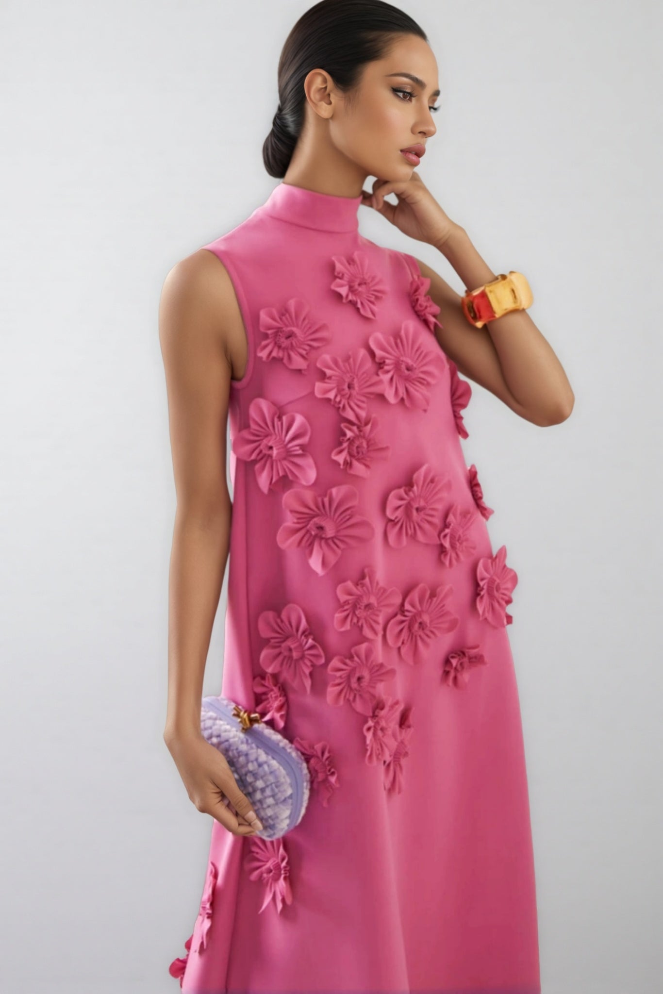 Eliza 3d High Neck Sleeveless Maxi Dress-pink