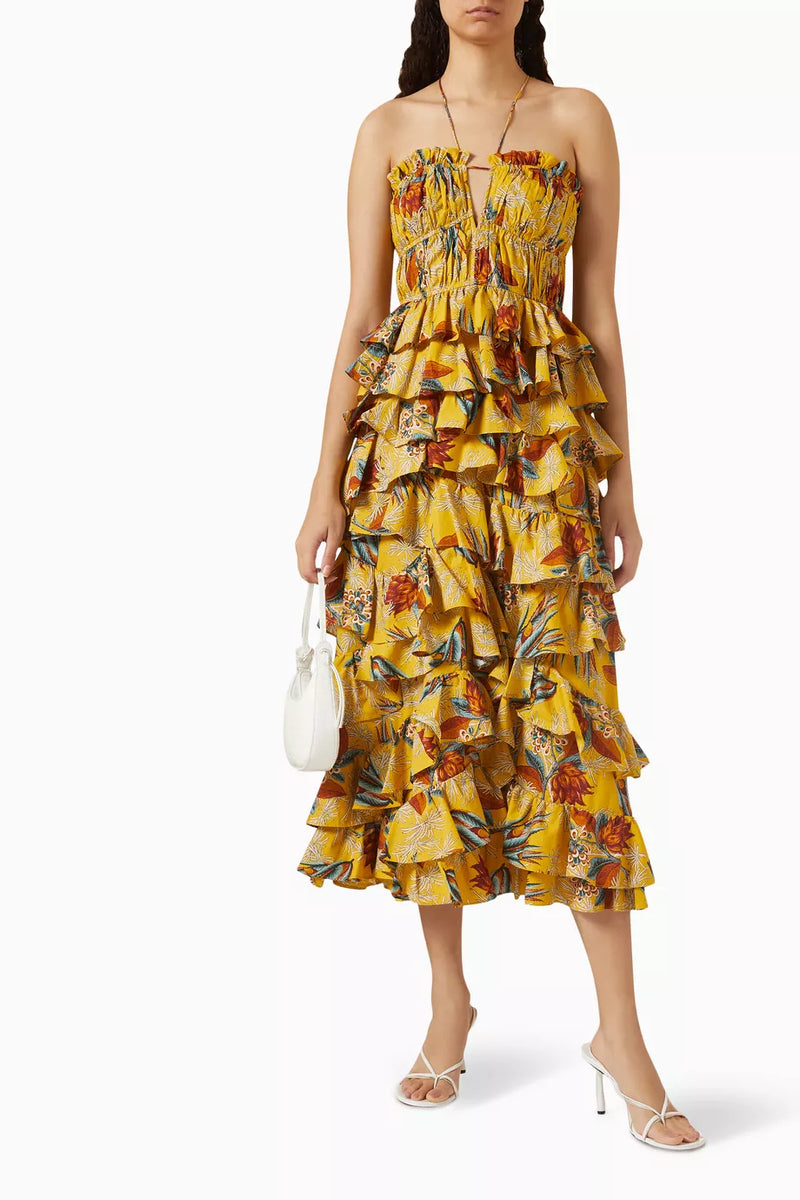 Botanical Print Ruffle Sleeveless Midi Dress