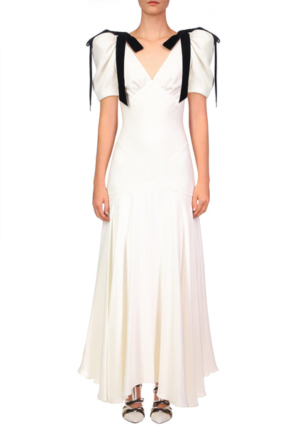Contrast Color Bow Puff Sleeve Midi Dress
