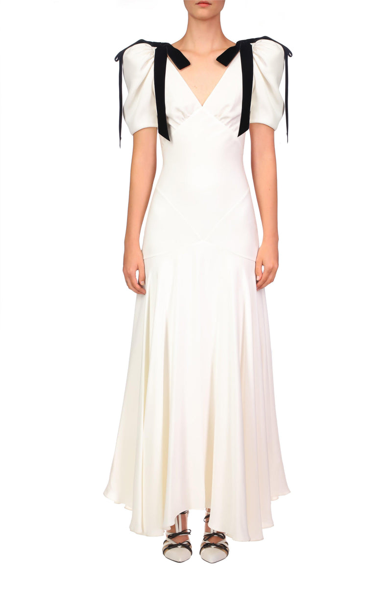 Contrast Color Bow Puff Sleeve Midi Dress