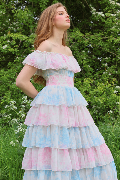 Tie Dye Ruffle Off-shoulder Midi Dress