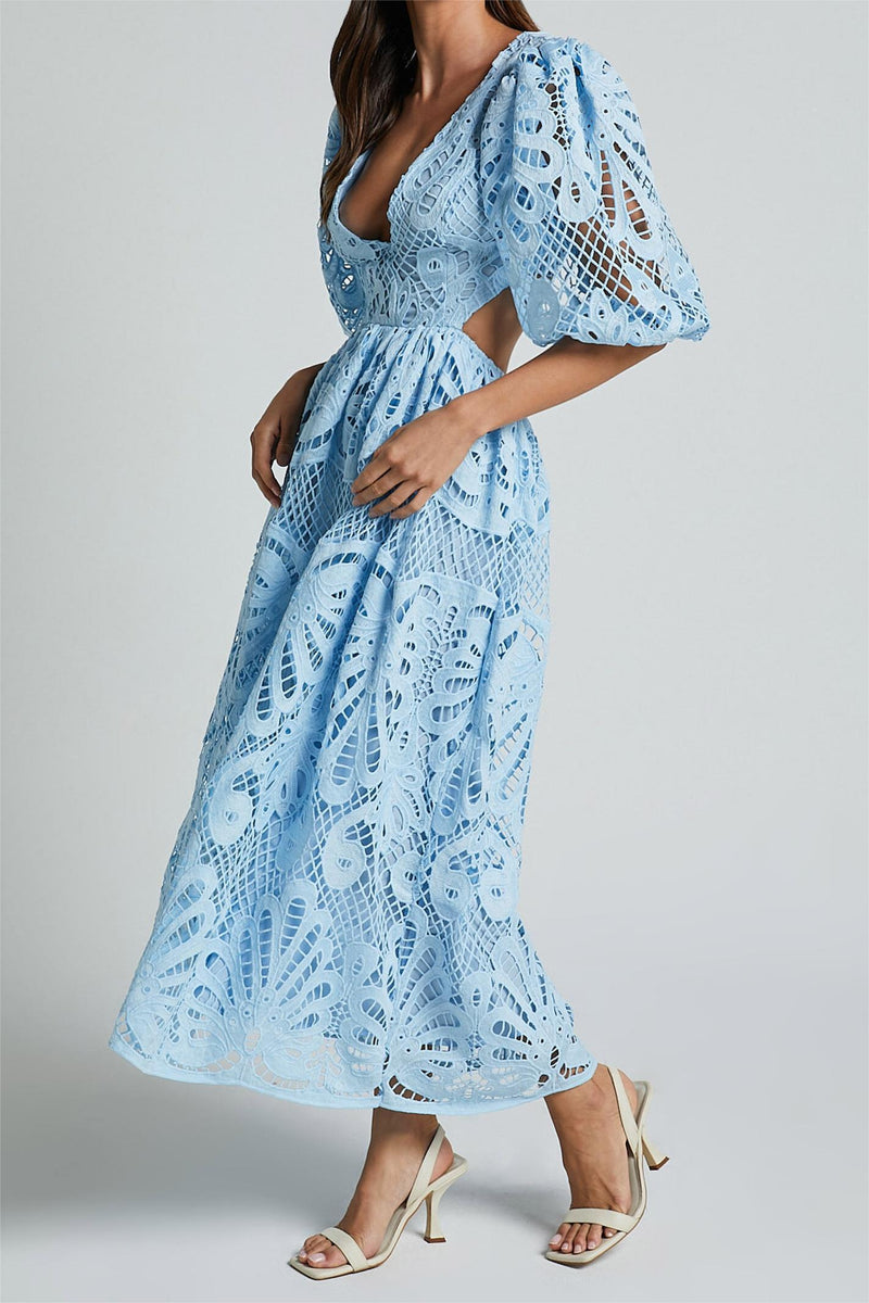 Lace V-neck Cut-out Midi Dress Blue