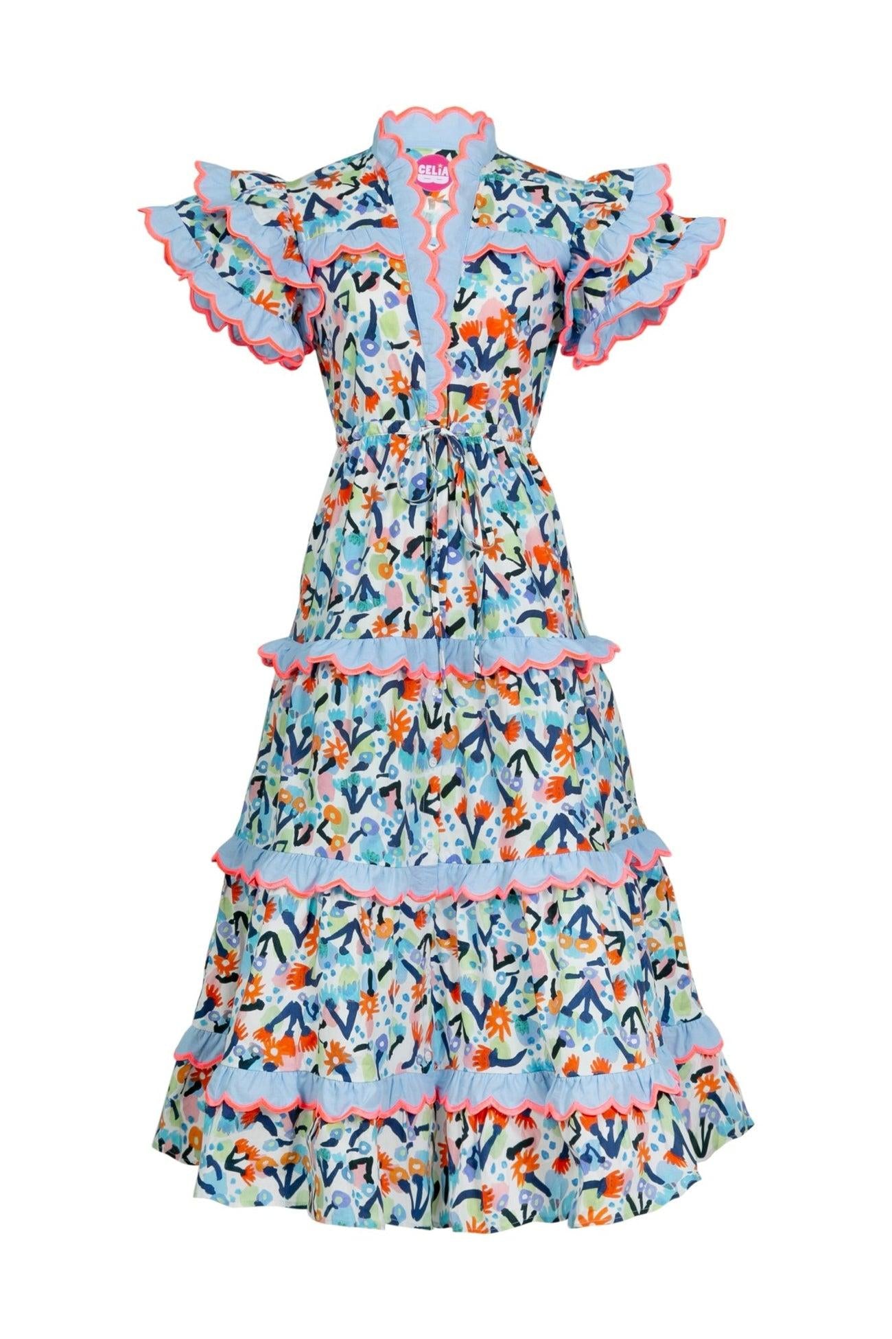 Embroidered V-neck Ruffle Midi Dress