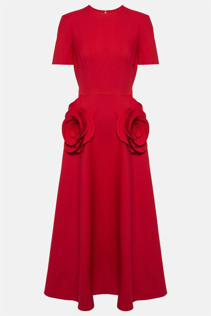 3d Round Neck Short Sleeve Midi Dress Red