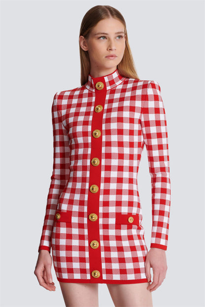 Knit Checks Metal Button Mini Dress