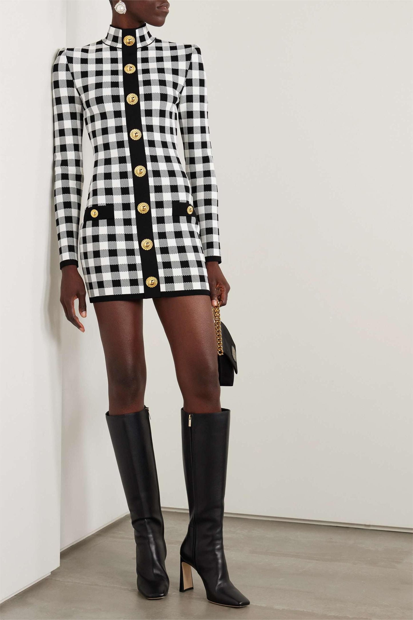 Knit Checks Metal Button Mini Dress