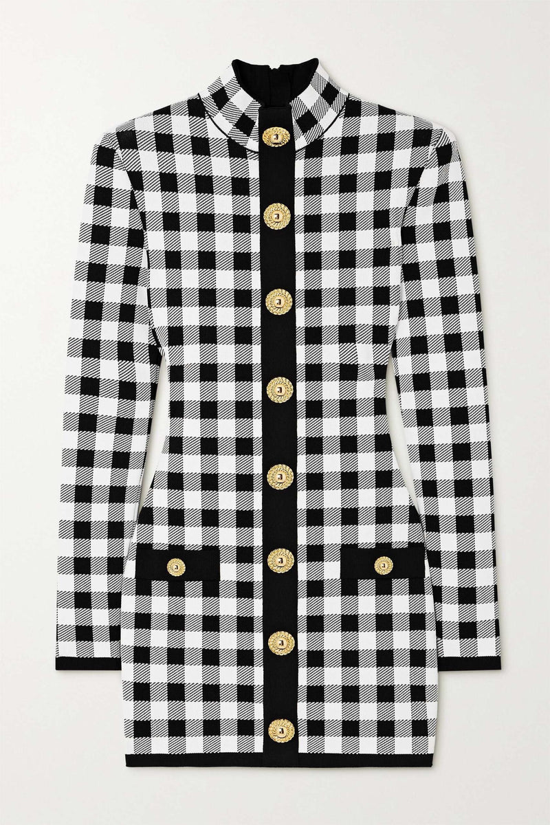 Knit Checks Metal Button Mini Dress