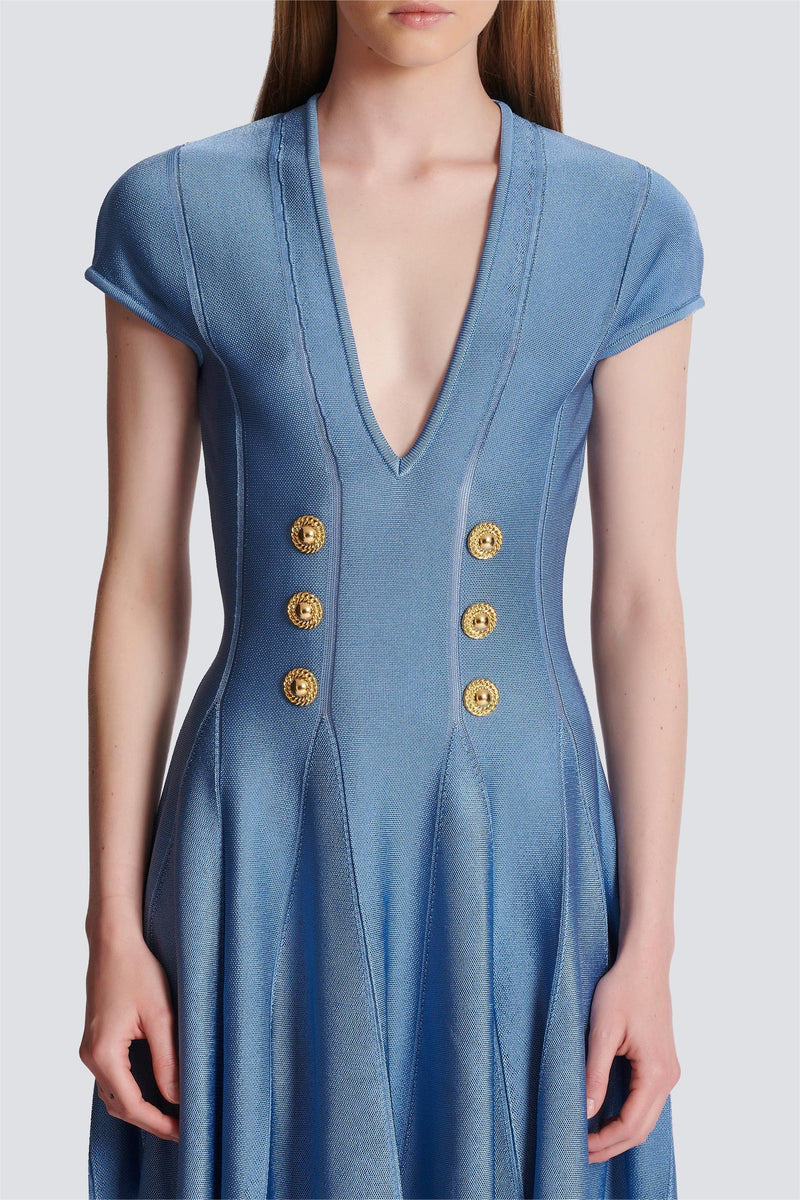 Knit V-neck Metal Button Mini Dress